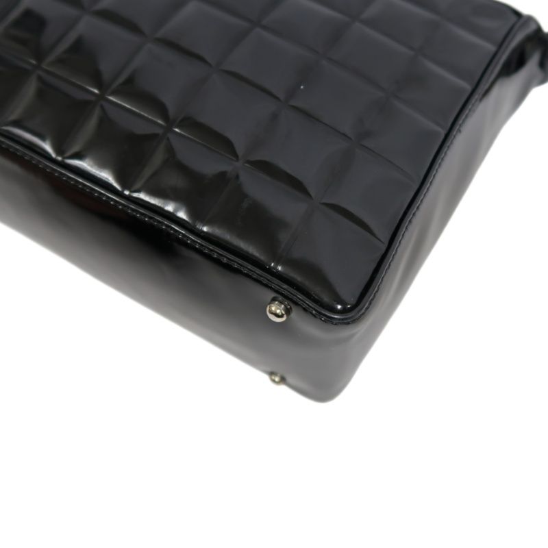 CHANEL Chocolate Bar Patent Leather Shoulder Bag Black Silver Hardware