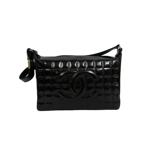 CHANEL Chocolate Bar Patent Leather Shoulder Bag Black Silver Hardware