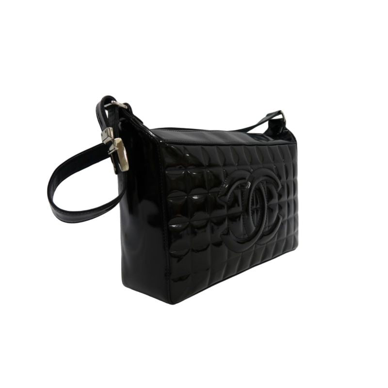 CHANEL Chocolate Bar Patent Leather Shoulder Bag Black Silver Hardware
