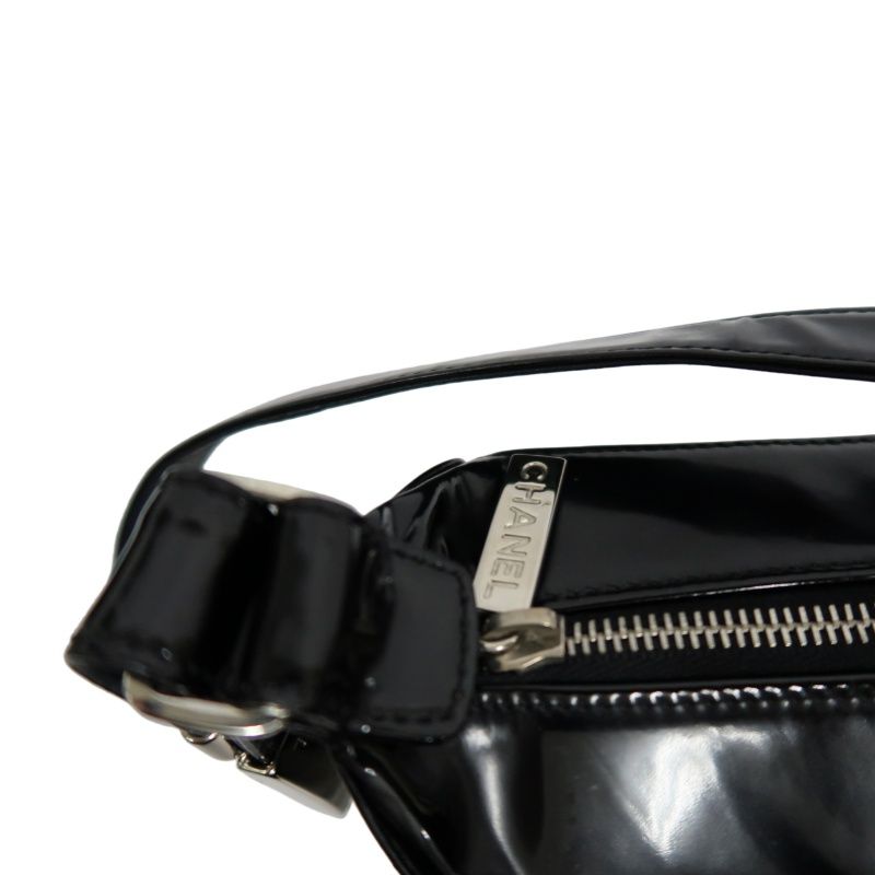 CHANEL Chocolate Bar Patent Leather Shoulder Bag Black Silver Hardware
