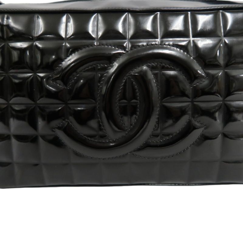 CHANEL Chocolate Bar Patent Leather Shoulder Bag Black Silver Hardware