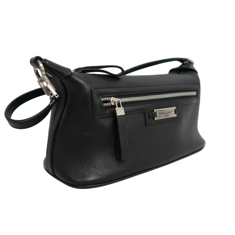 FERRAGAMO Black PVC Shoulder Bag with Silver Hardware and Dust Bag