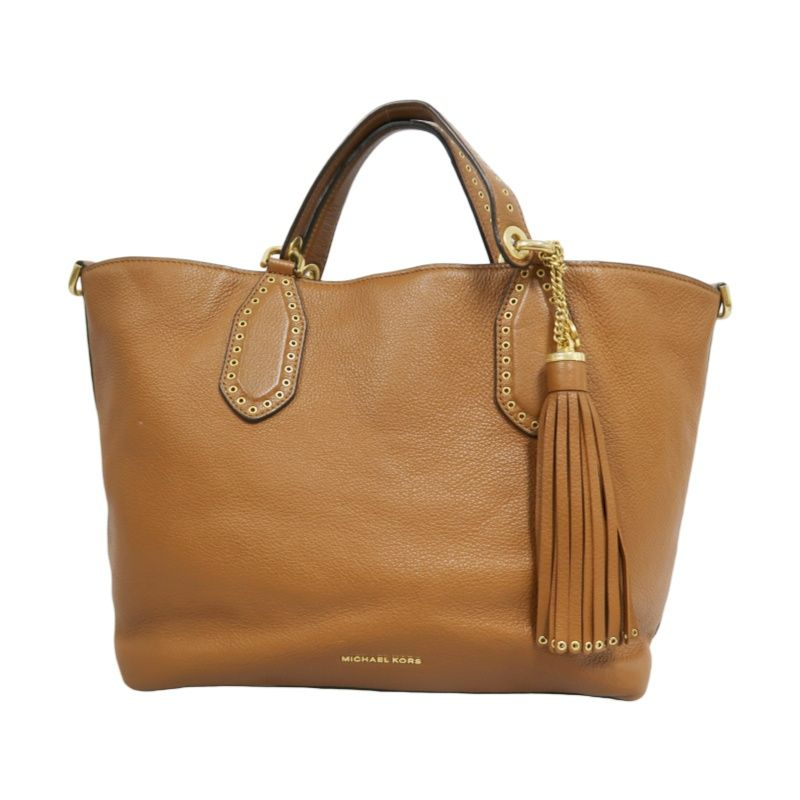 MICHAEL KORS Leather Tote Bag in Brown with Gold Hardware, Shoulder Strap and Tassel Detail