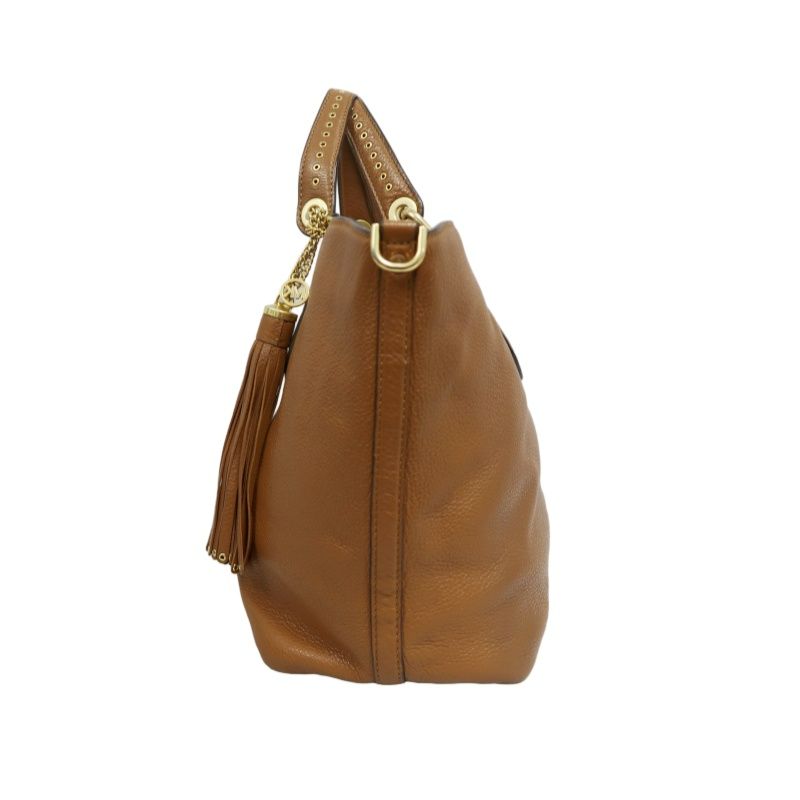 MICHAEL KORS Leather Tote Bag in Brown with Gold Hardware, Shoulder Strap and Tassel Detail