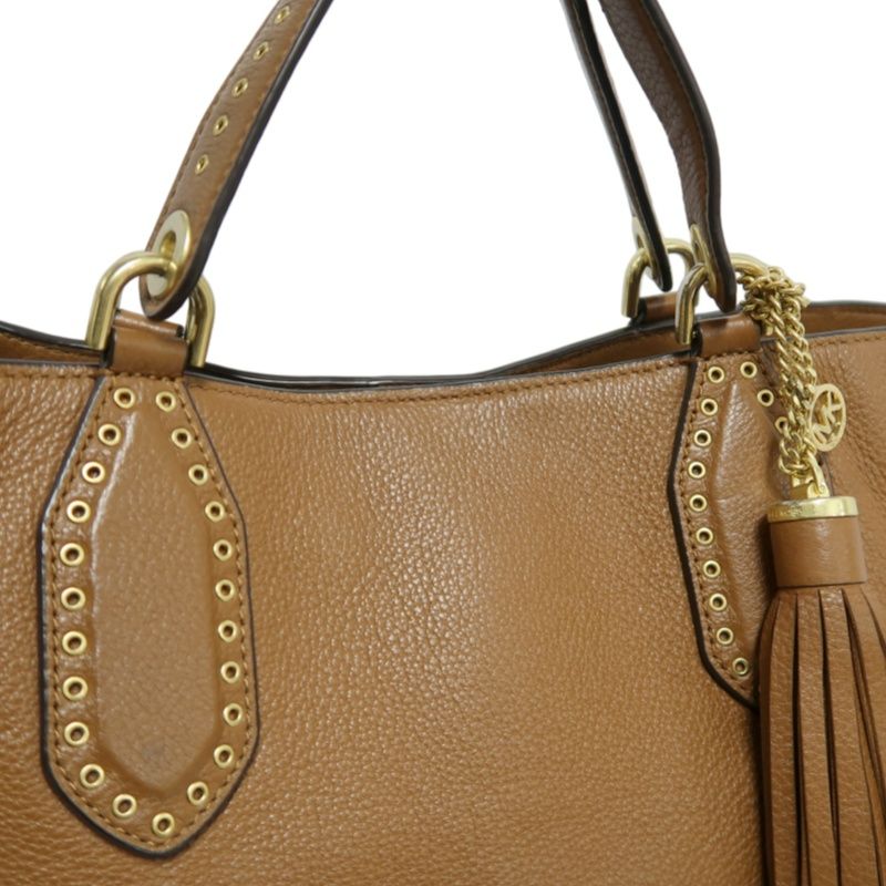 MICHAEL KORS Leather Tote Bag in Brown with Gold Hardware, Shoulder Strap and Tassel Detail