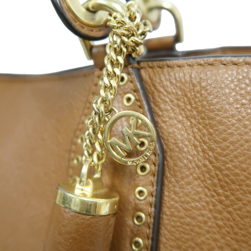 MICHAEL KORS Leather Tote Bag in Brown with Gold Hardware, Shoulder Strap and Tassel Detail
