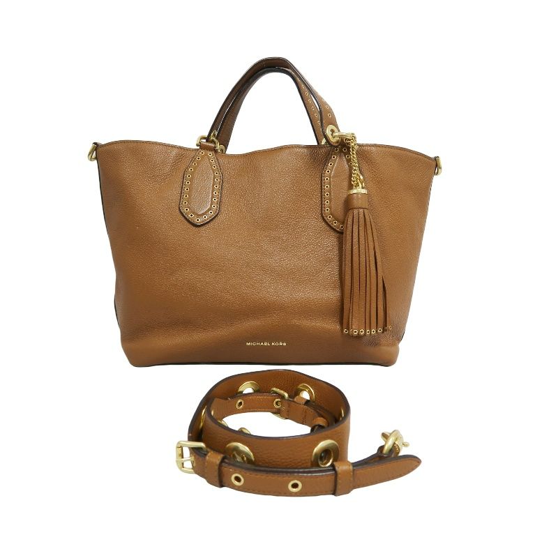 MICHAEL KORS Leather Tote Bag in Brown with Gold Hardware, Shoulder Strap and Tassel Detail