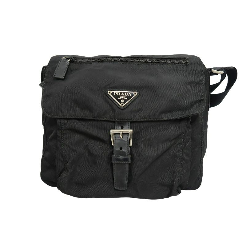 PRADA Shoulder Bag, Nylon, Black, Silver Hardware, PRADA Black Nylon Flap Crossbody Bag