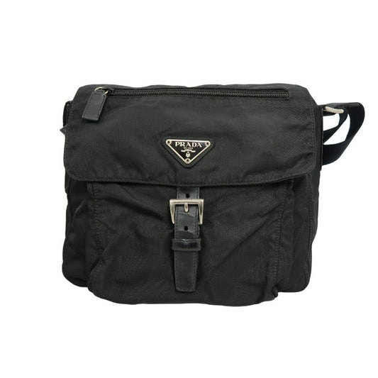 PRADA Shoulder Bag, Nylon, Black, Silver Hardware, PRADA Black Nylon Flap Crossbody Bag