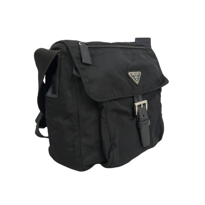 PRADA Shoulder Bag, Nylon, Black, Silver Hardware, PRADA Black Nylon Flap Crossbody Bag