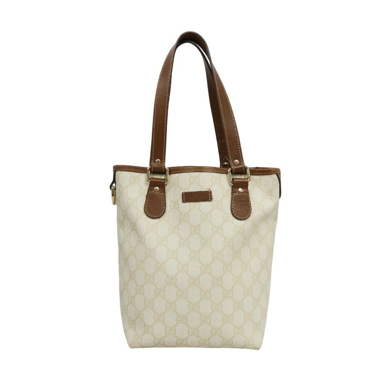 GUCCI GG Canvas Tote Bag Canvas With Leather Trim Beige/Brown Tote Bag Beige With Brown Leather Trim And Gold Hardware