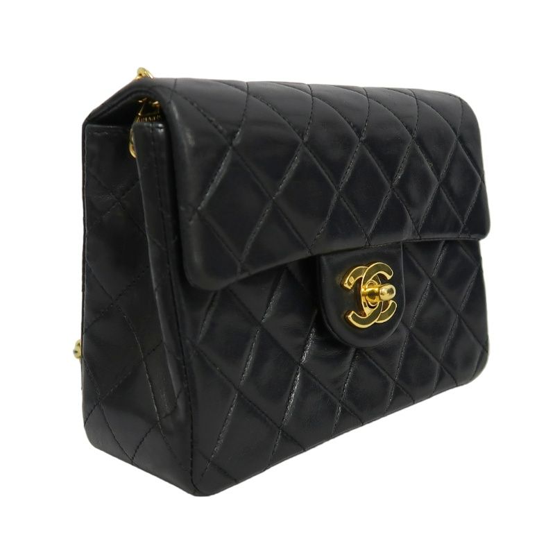 CHANEL Matelasse Mini Flap Chain Shoulder Bag, Black Lambskin, Gold Hardware, With Dust Bag