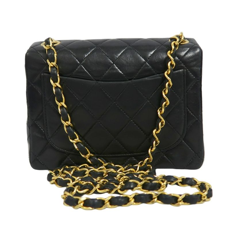 CHANEL Matelasse Mini Flap Chain Shoulder Bag, Black Lambskin, Gold Hardware, With Dust Bag