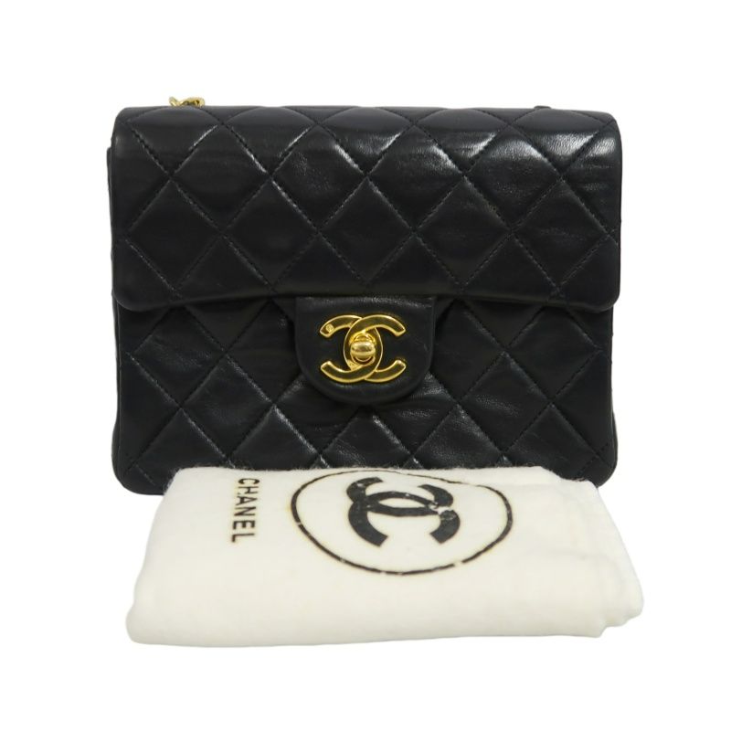 CHANEL Matelasse Mini Flap Chain Shoulder Bag, Black Lambskin, Gold Hardware, With Dust Bag