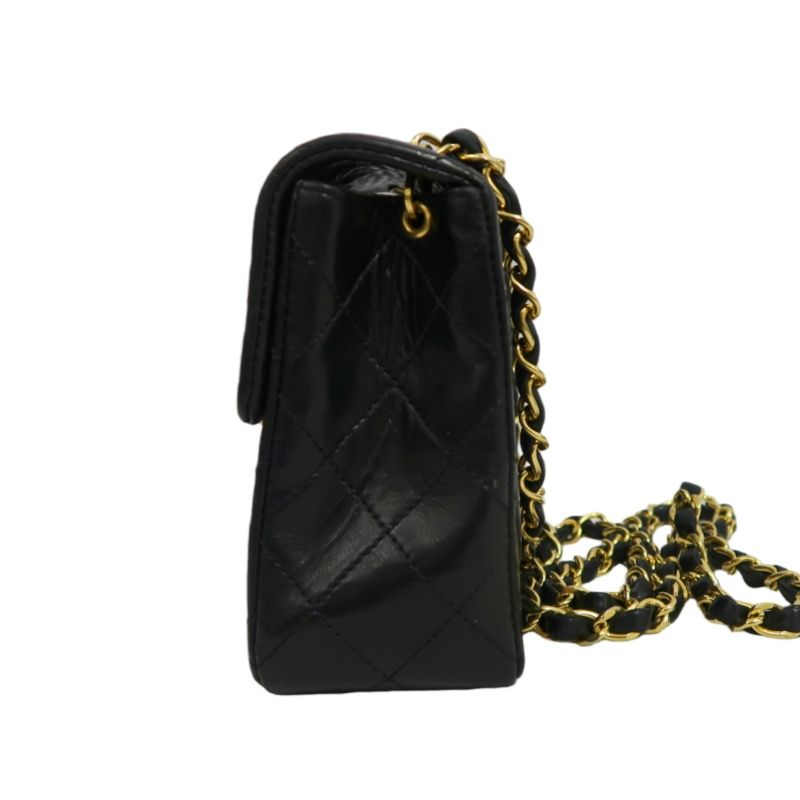 CHANEL Matelasse Mini Flap Chain Shoulder Bag, Black Lambskin, Gold Hardware, With Dust Bag