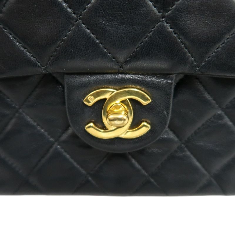 CHANEL Matelasse Mini Flap Chain Shoulder Bag, Black Lambskin, Gold Hardware, With Dust Bag