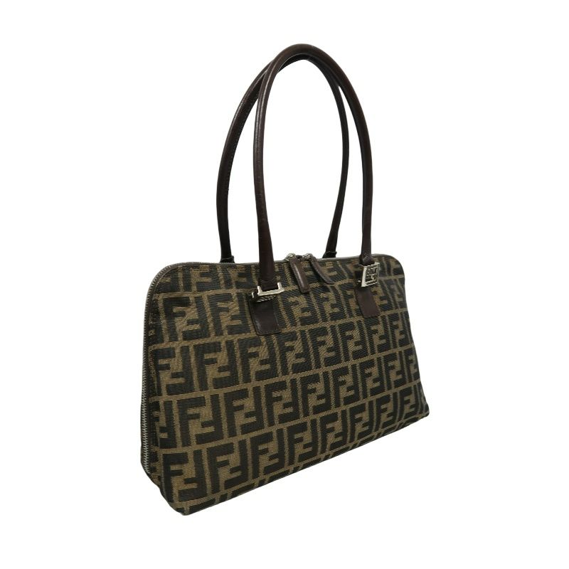 FENDI Zucca Handbag, Brown Canvas, Silver Hardware