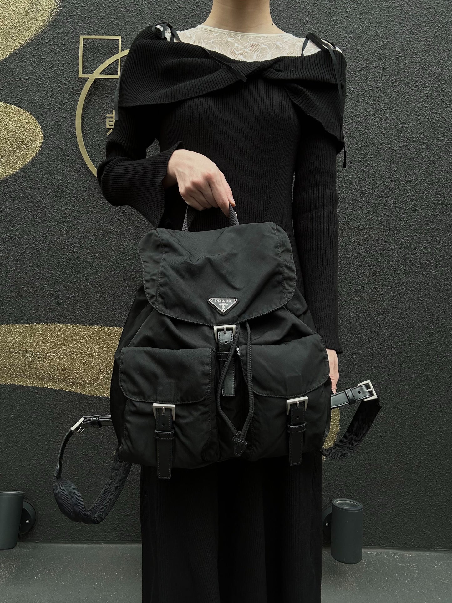 PRADA Backpack, Nylon, Black, Silver Hardware