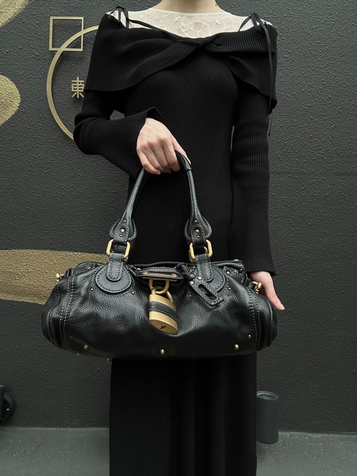 CHLOE Paddington Handbag Leather Black Gold Hardware With Lock And Key