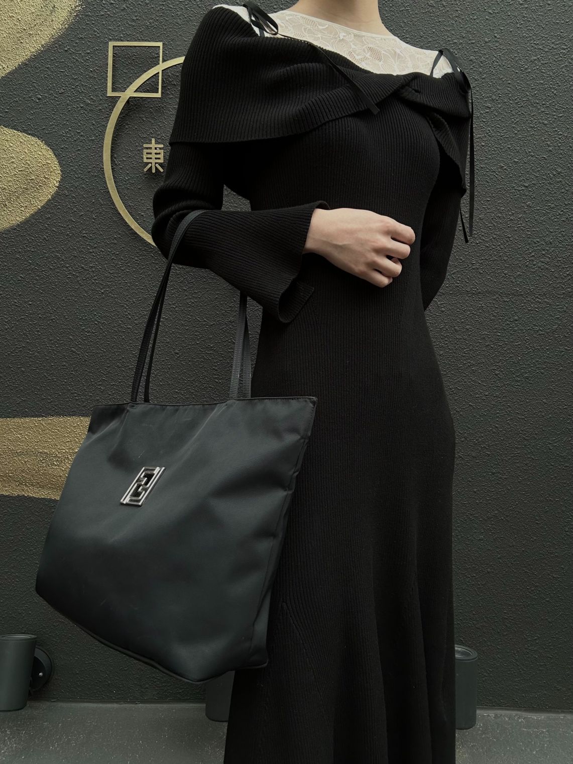 FENDI Nylon Tote Bag Black Silver FF Logo Metal Plate Hardware