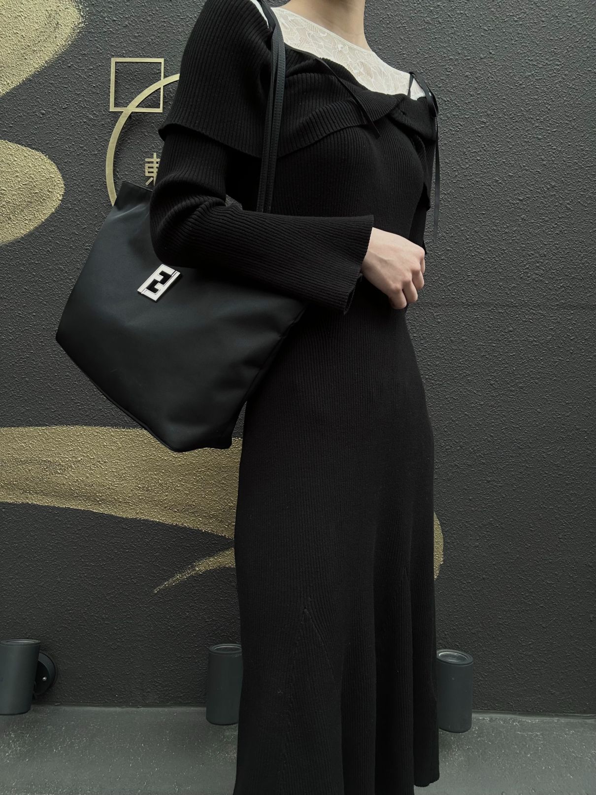 FENDI Nylon Tote Bag Black Silver FF Logo Metal Plate Hardware