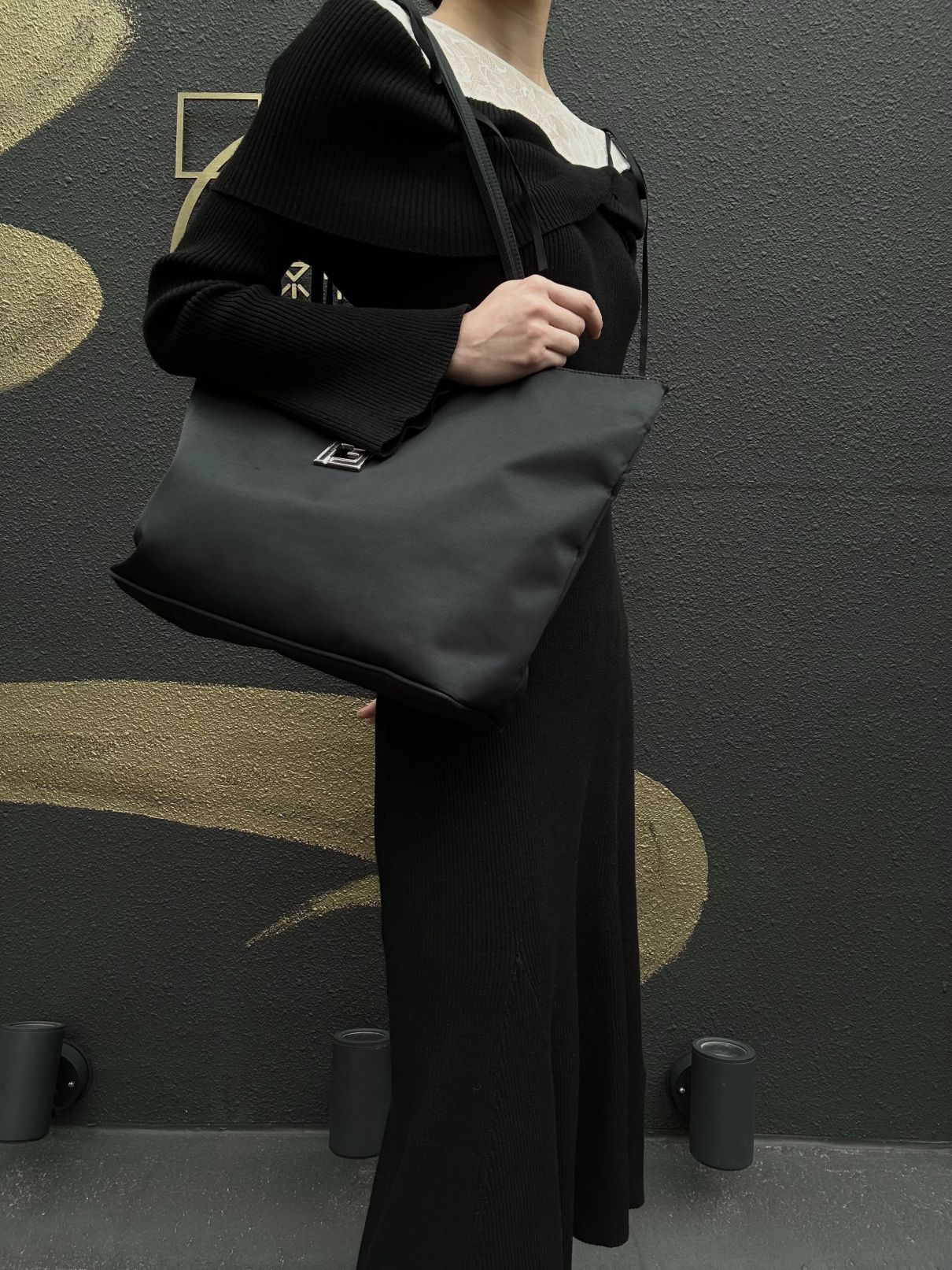 FENDI Nylon Tote Bag Black Silver FF Logo Metal Plate Hardware