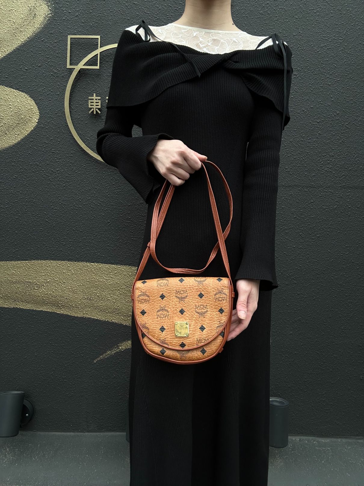 MCM Visetos Shoulder Bag PVC Leather Mustard Gold Logo Plate Hardware