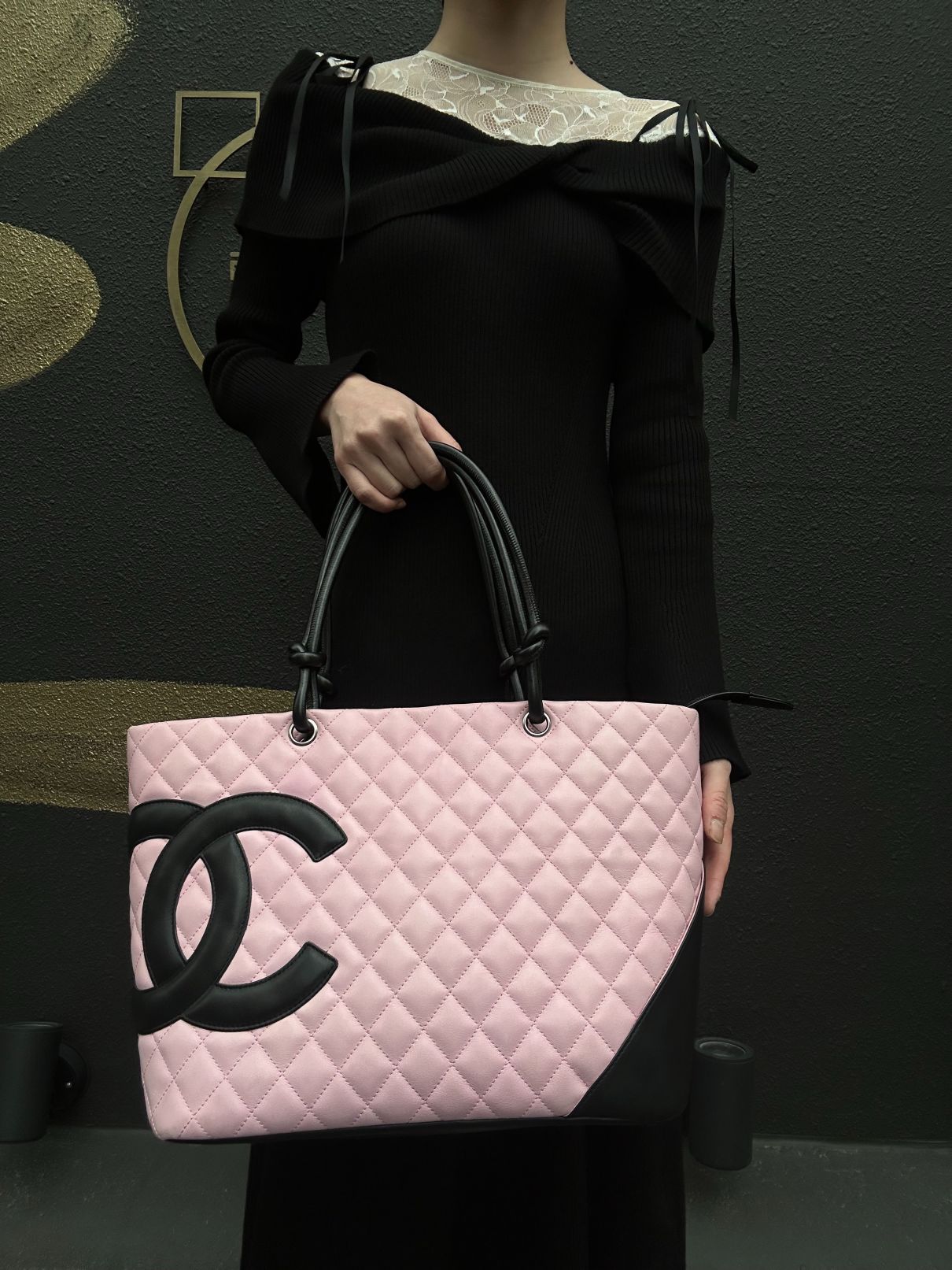CHANEL Cambon Quilted Tote Bag Calfskin Pink