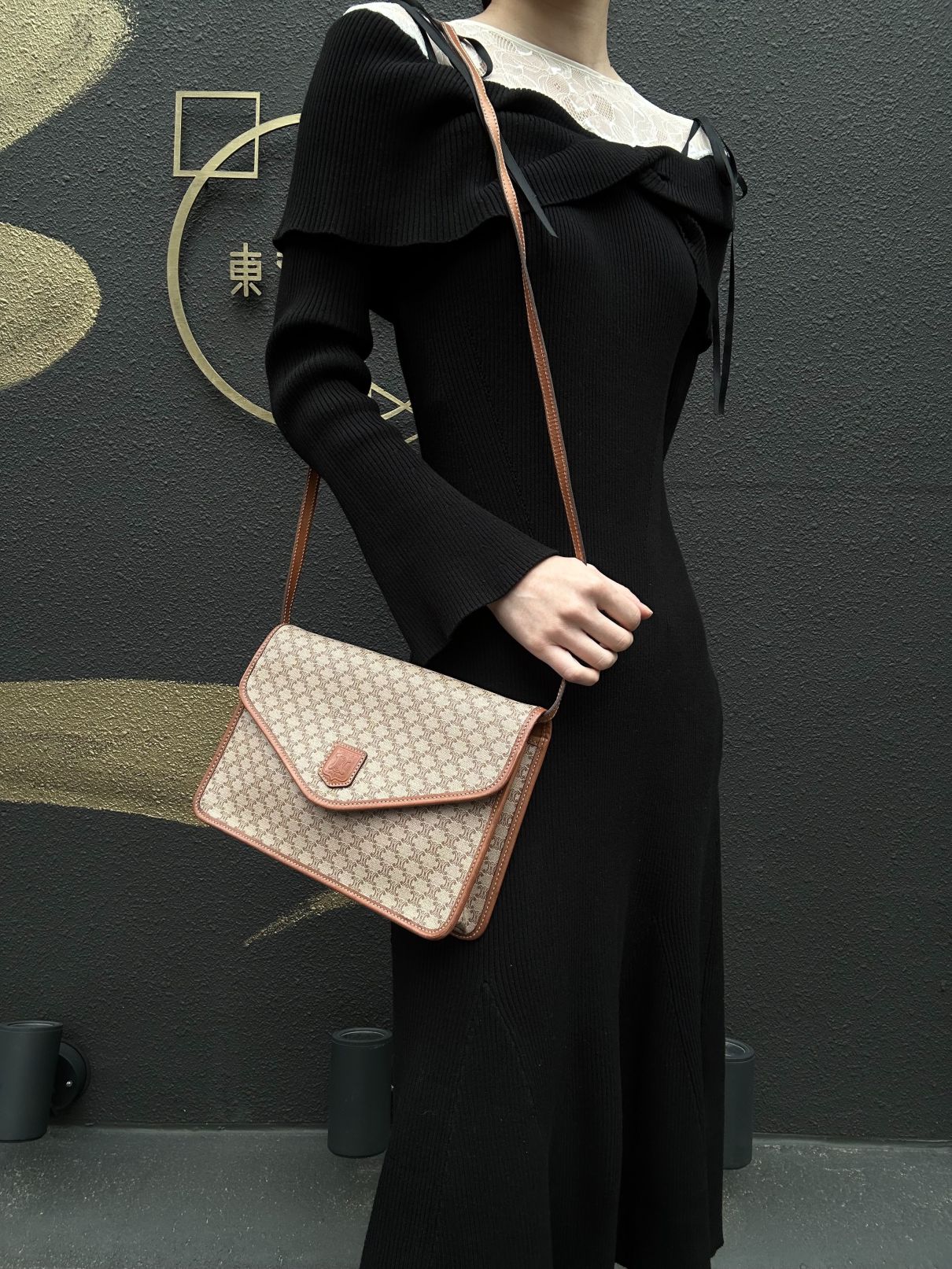 CELINE Macadam Pattern Envelope Shoulder Bag Pvc Beige
