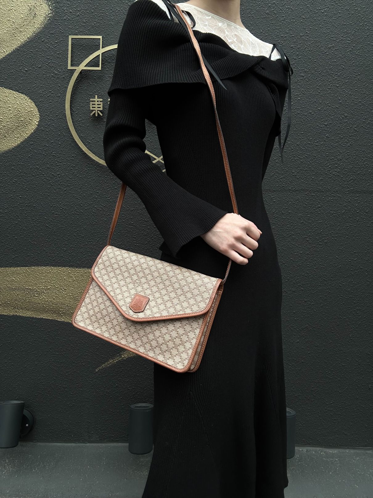 CELINE Macadam Pattern Envelope Shoulder Bag Pvc Beige