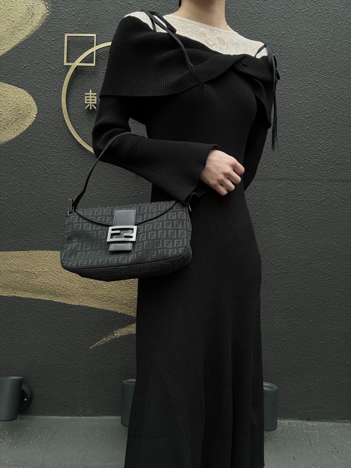 FENDI Zuccino Baguette One Shoulder Bag Canvas Black Silver Hardware