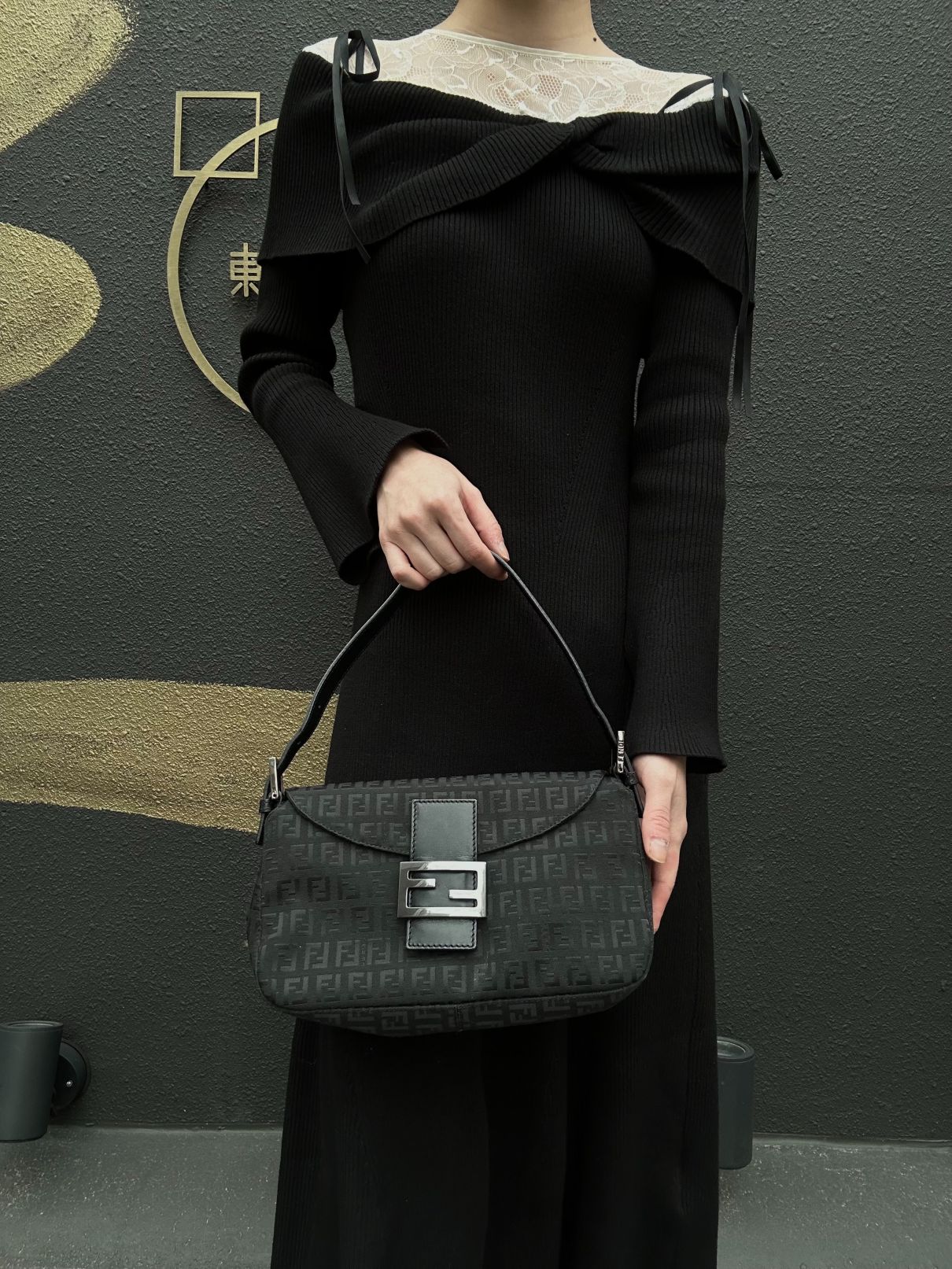 FENDI Zuccino Baguette One Shoulder Bag Canvas Black Silver Hardware