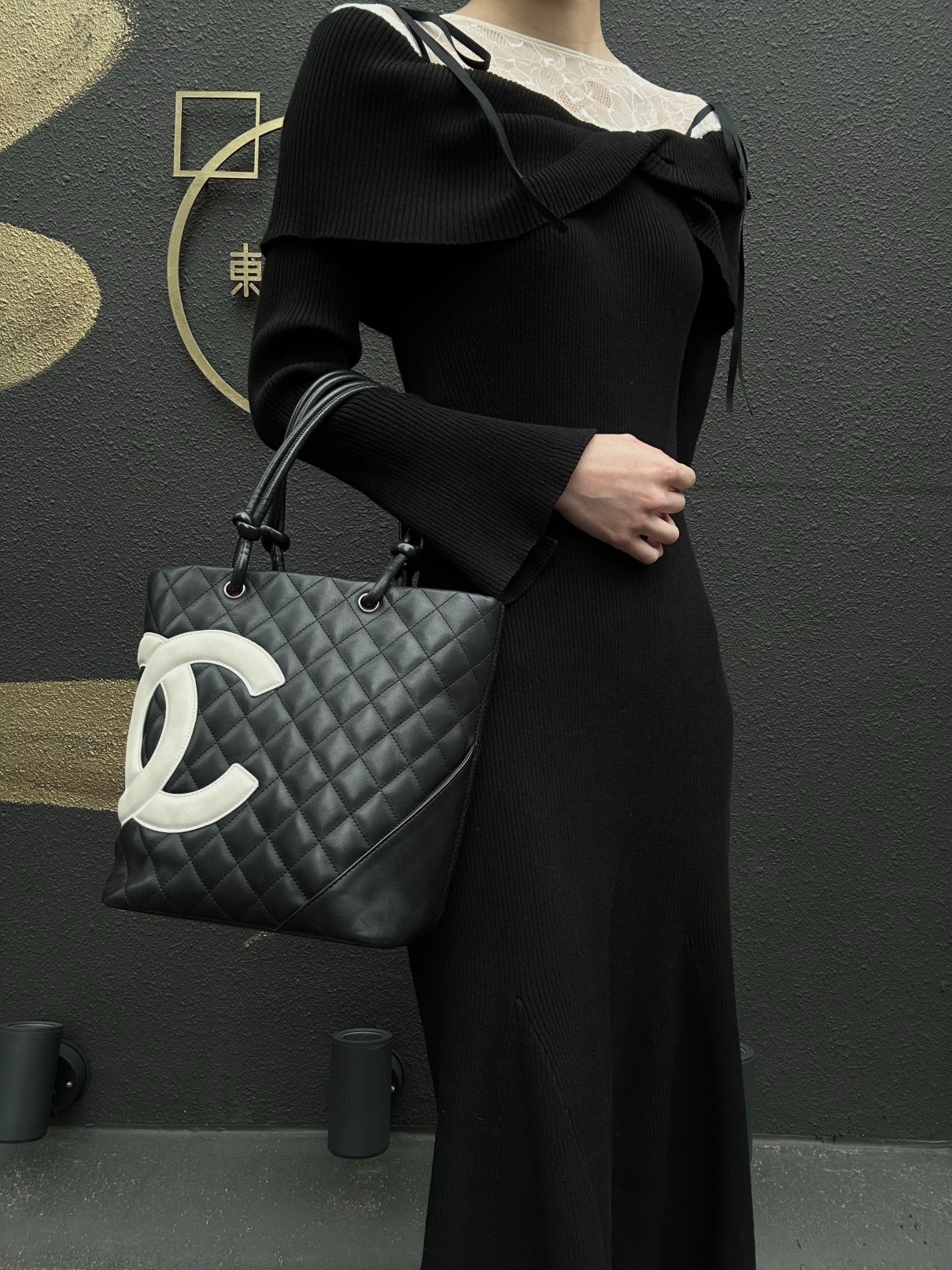 CHANEL Cambon Line Handbag Lambskin Black