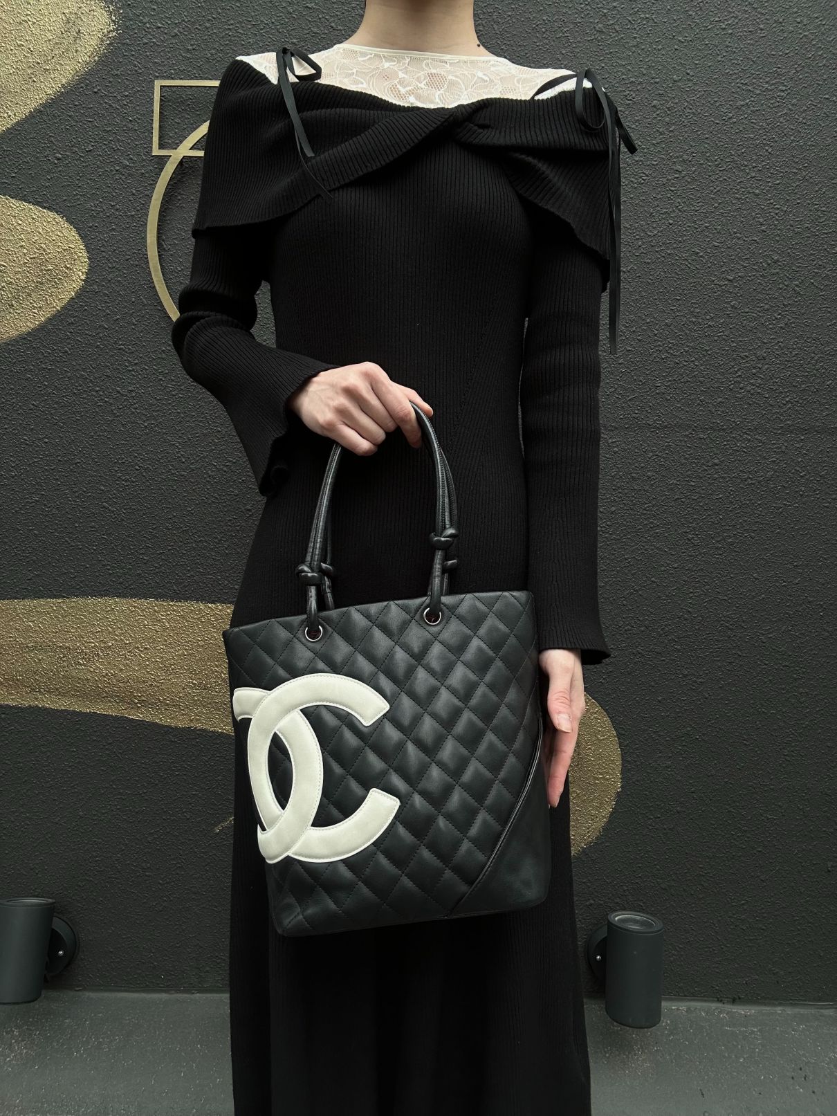 CHANEL Cambon Line Handbag Lambskin Black