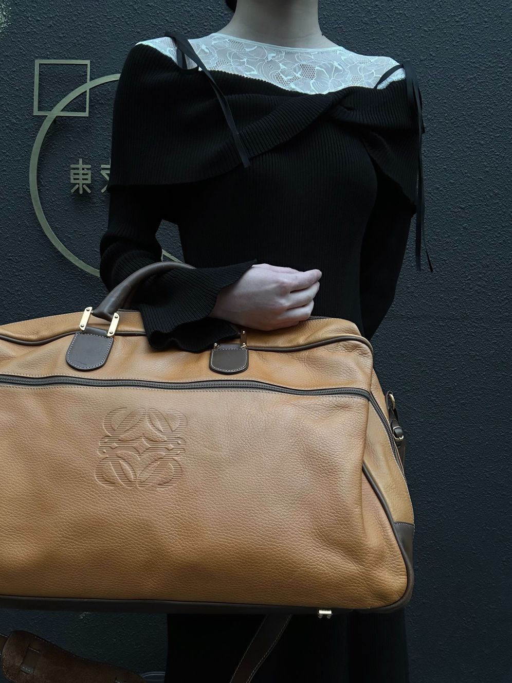 LOEWE Anagram Boston Bag Leather Tan Brown With Lock, Dust Bag, Shoulder Strap And 2 Keys