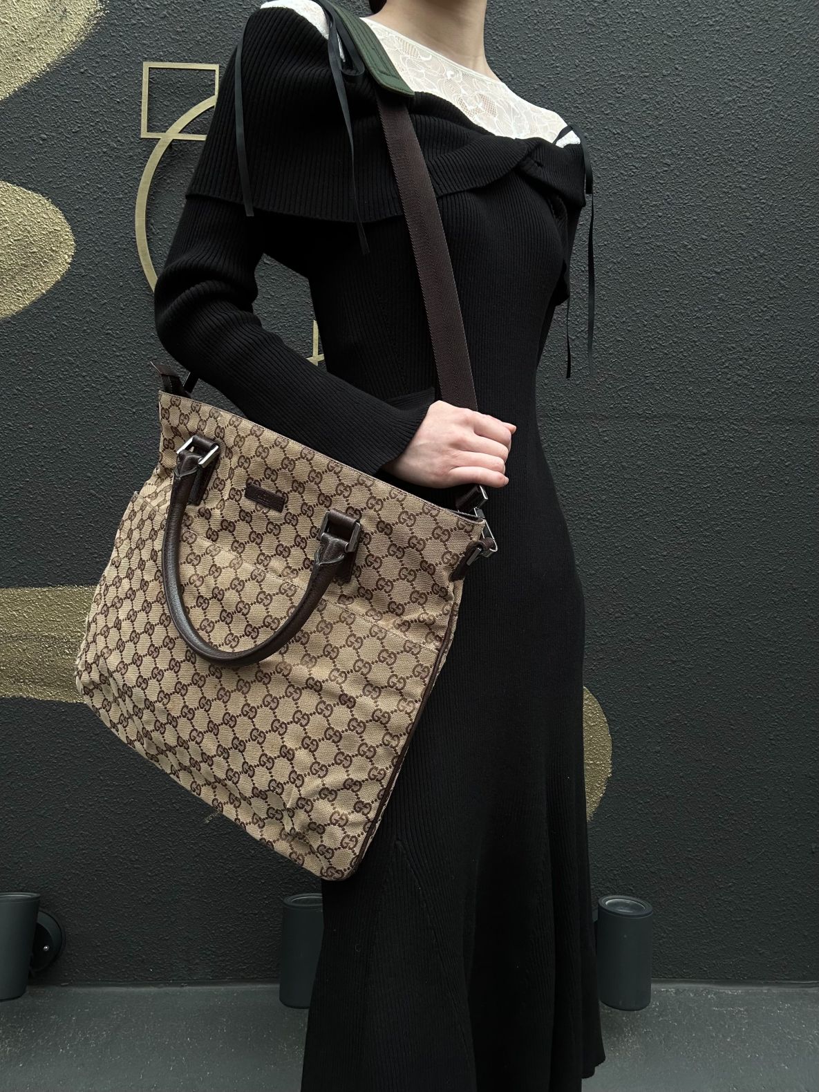 GUCCI GG Canvas Tote Bag Beige×Brown With Shoulder Strap Silver Hardware