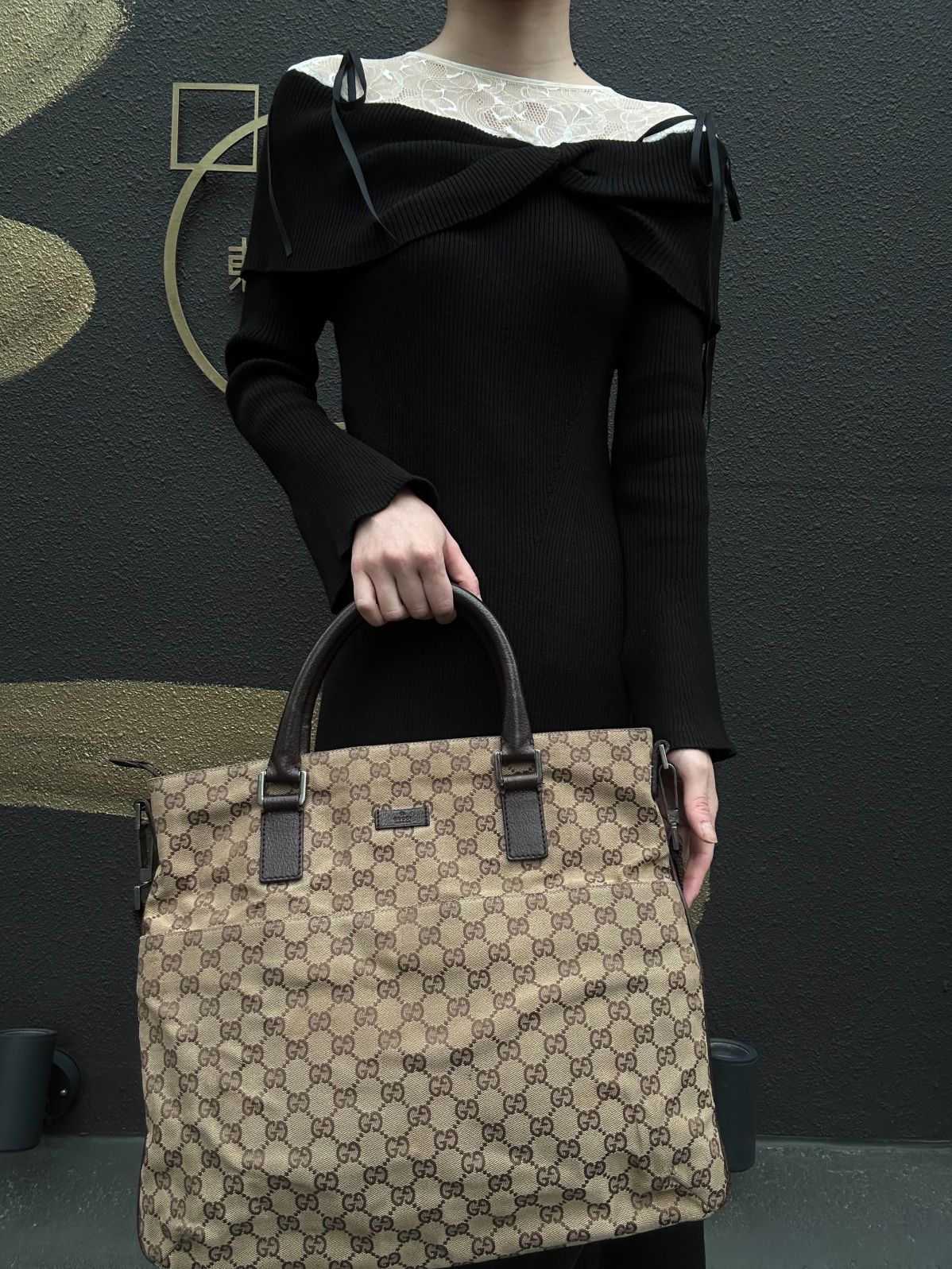 GUCCI GG Canvas Tote Bag Beige×Brown With Shoulder Strap Silver Hardware