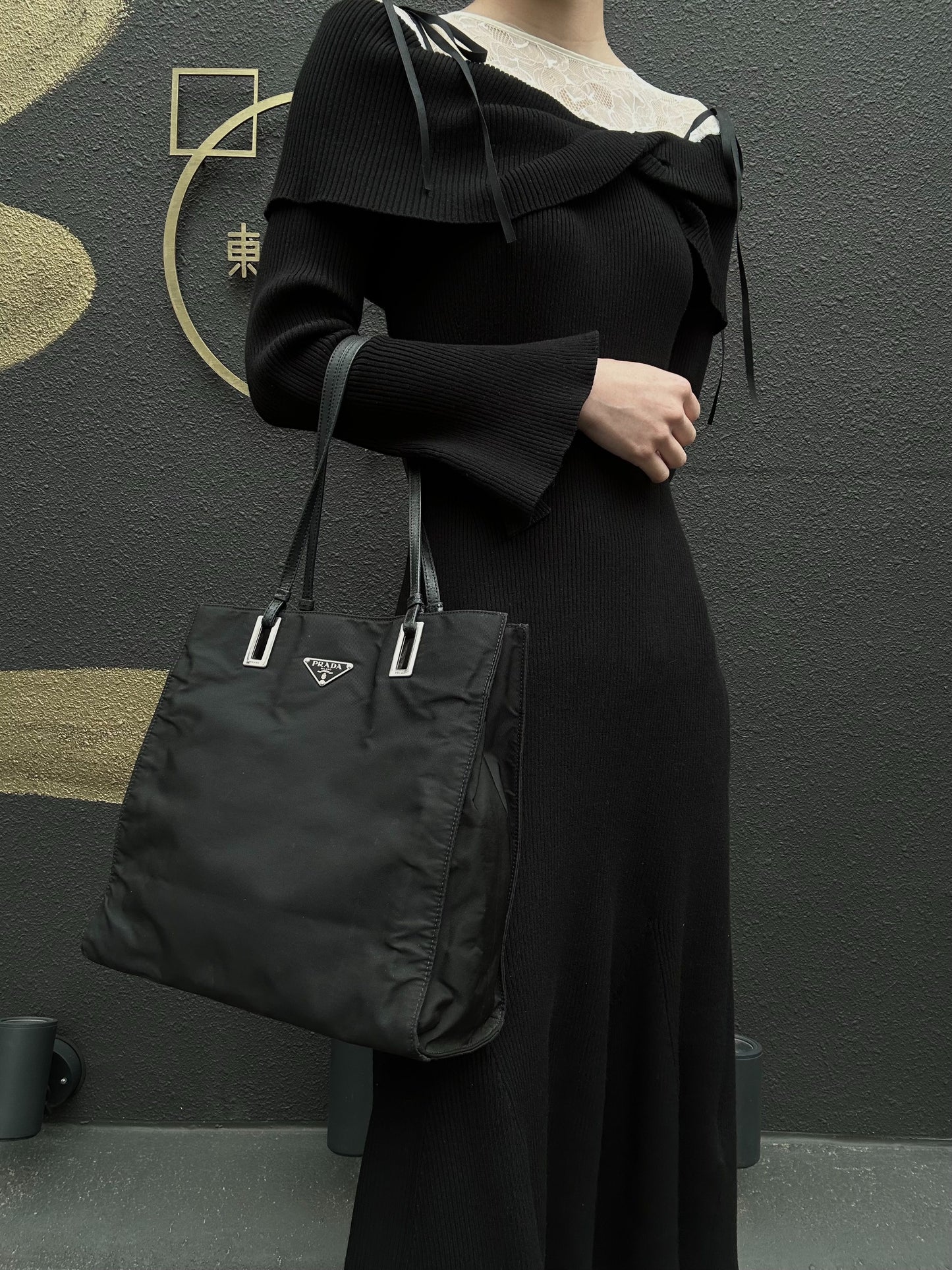 PRADA Black Nylon Canvas Tote Shoulder Bag