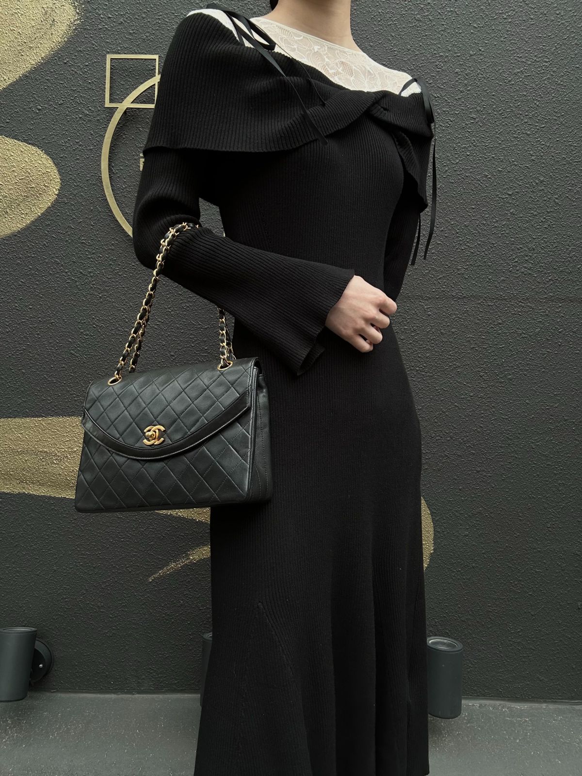 CHANEL Matelasse Cf Flap Shoulder Bag Caviar Leather Black Gold Hardware