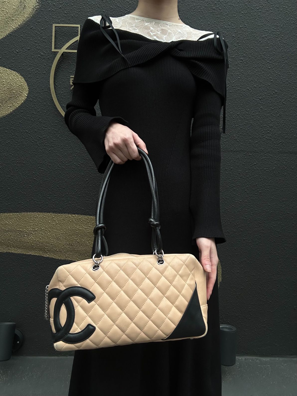 CHANEL Cambon Shoulder Bag Lambskin Beige Silver Hardware With Guarantee Card