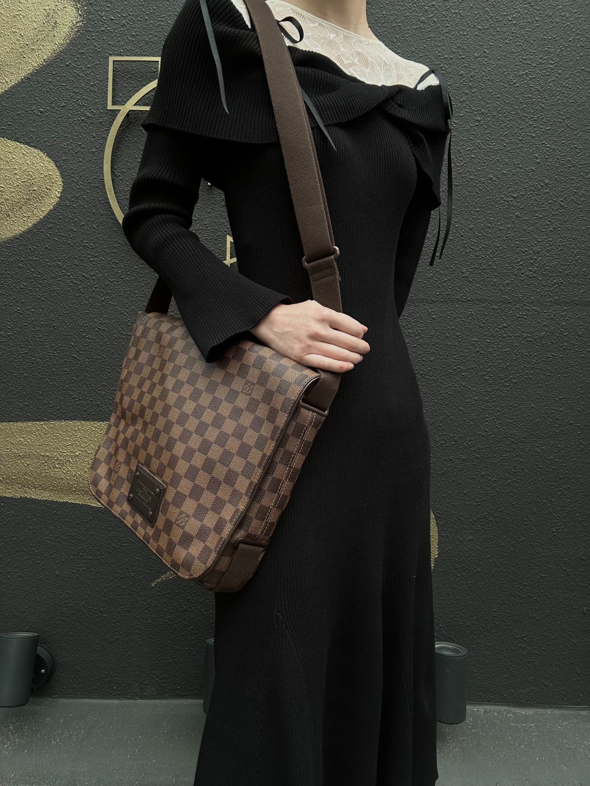 LOUIS VUITTON Brooklyn MM Damier Shoulder Bag Pvc Brown With Dust Bag