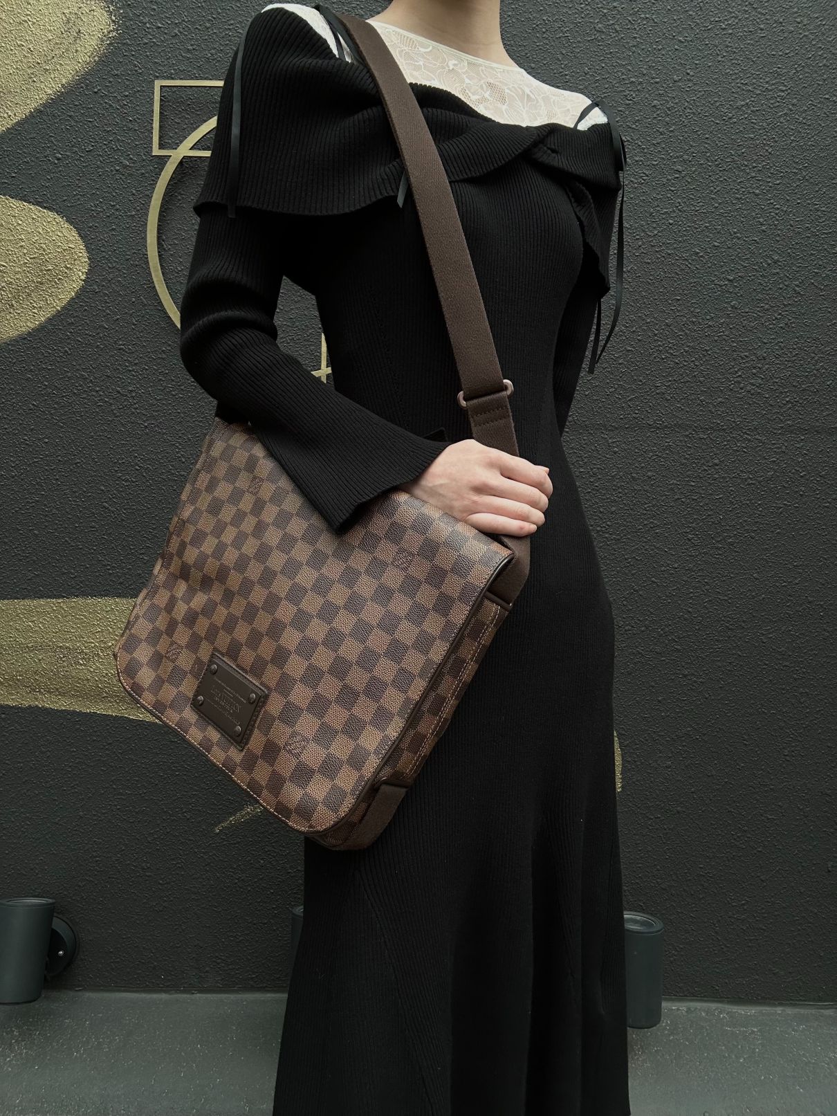 LOUIS VUITTON Brooklyn MM Damier Shoulder Bag Pvc Brown With Dust Bag