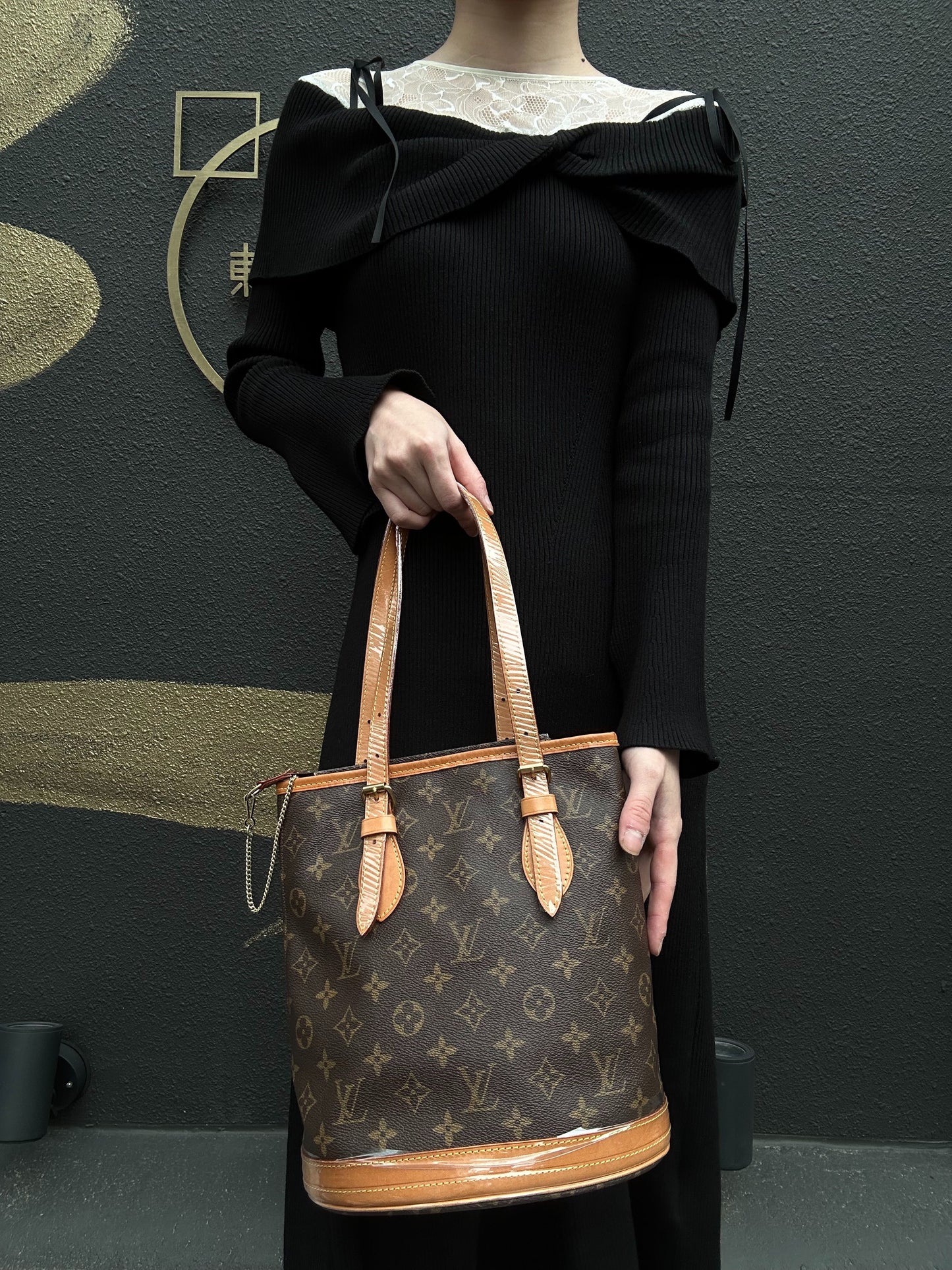 LOUIS VUITTON Bucket PM Monogram Handbag, Brown, With Pouch