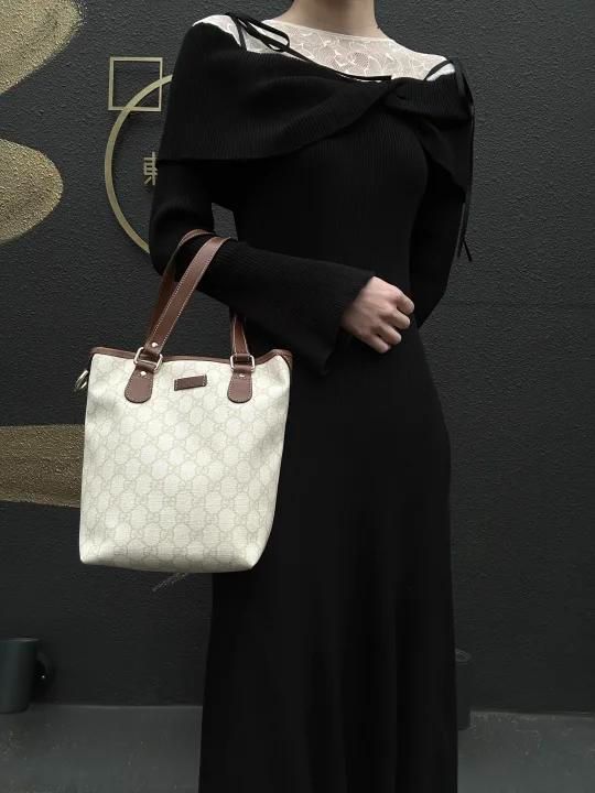 GUCCI GG Canvas Tote Bag Canvas With Leather Trim Beige/Brown Tote Bag Beige With Brown Leather Trim And Gold Hardware