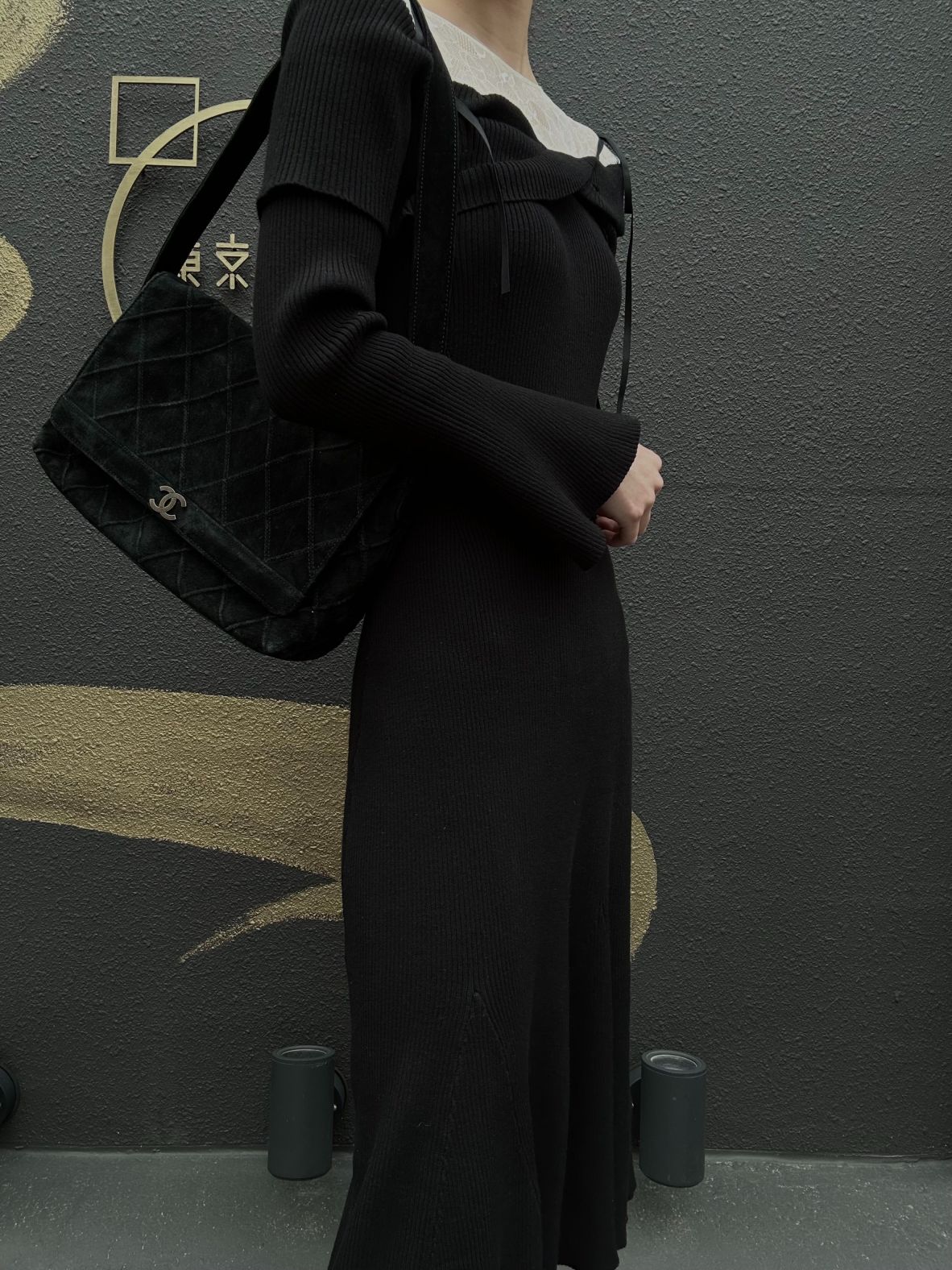 CHANEL Wild Stitch Flap Shoulder Bag Suede Black Silver Hardware