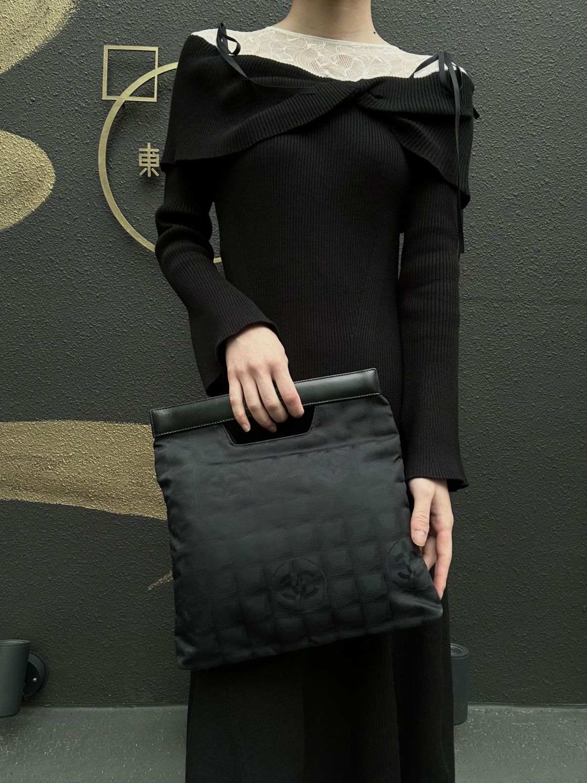 CHANEL New Travel Line Tote Handbag Nylon Black