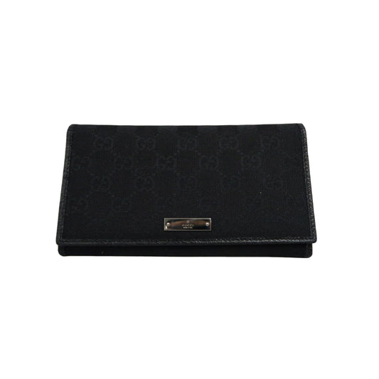 GUCCI GG Canvas Long Wallet Black Silver Hardware With Box