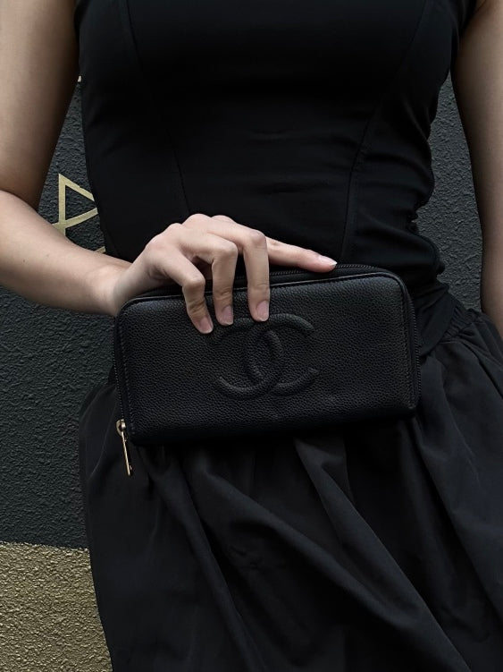 CHANEL Coco Mark Long Wallet, Caviar Skin, Black, Gold Hardware