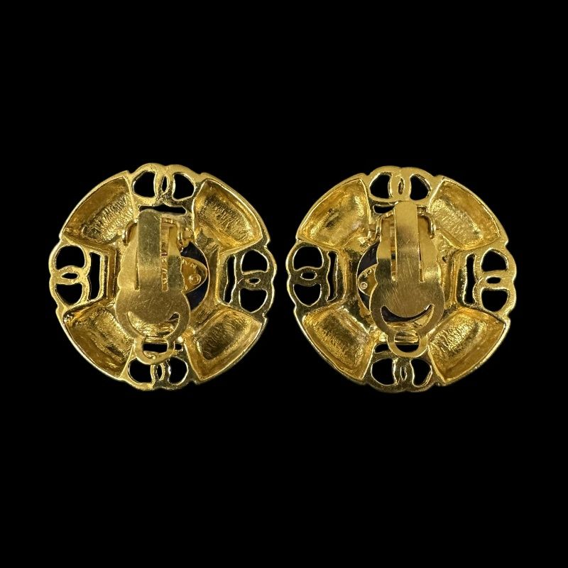 CHANEL Gold-tone Metal Fittings, Black Accent, Gold Alloy Logo Ear Clips