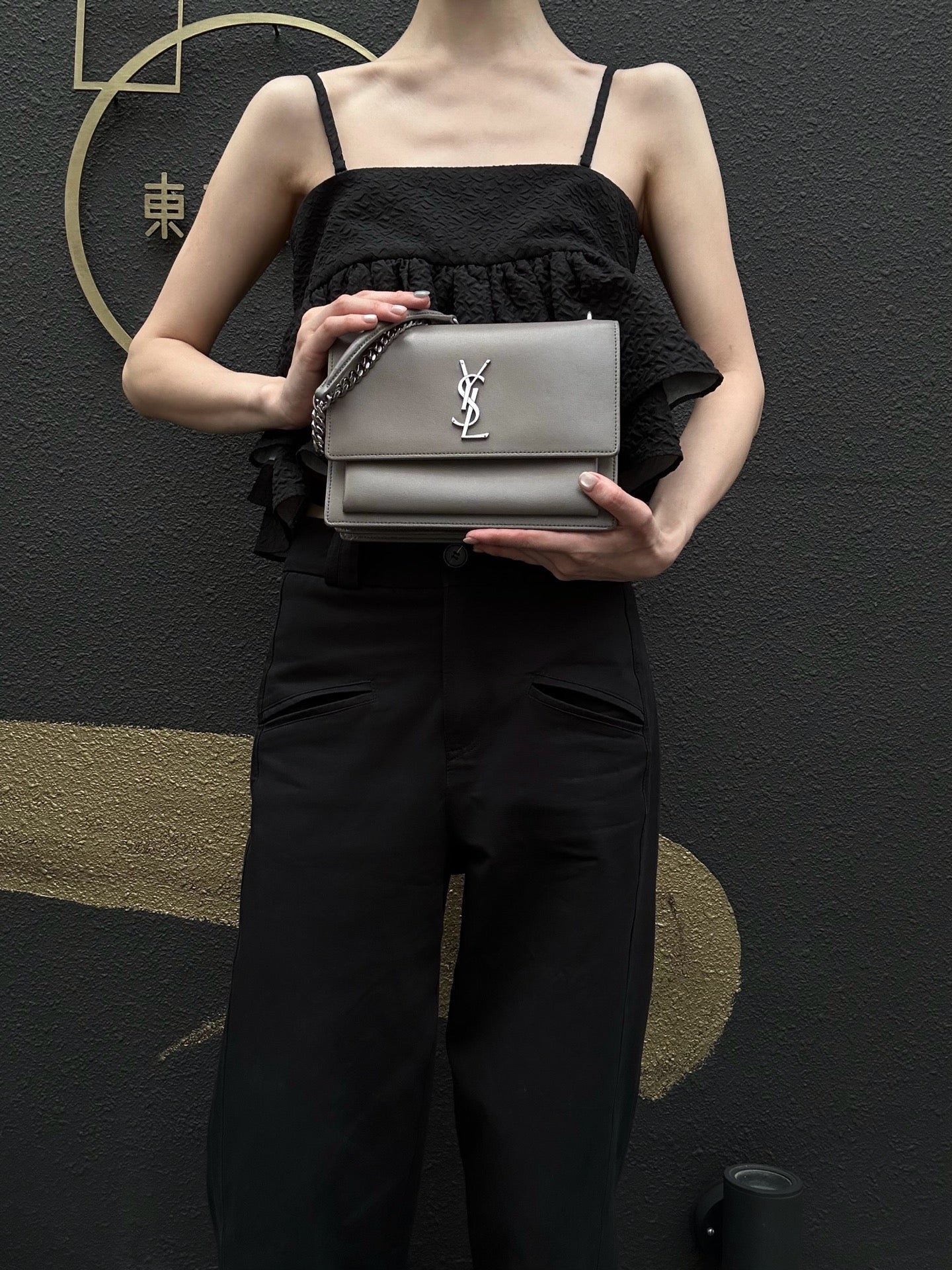 YSL Saint Laurent Sunset Shoulder Bag PVC Elephant Grey Silver Hardware